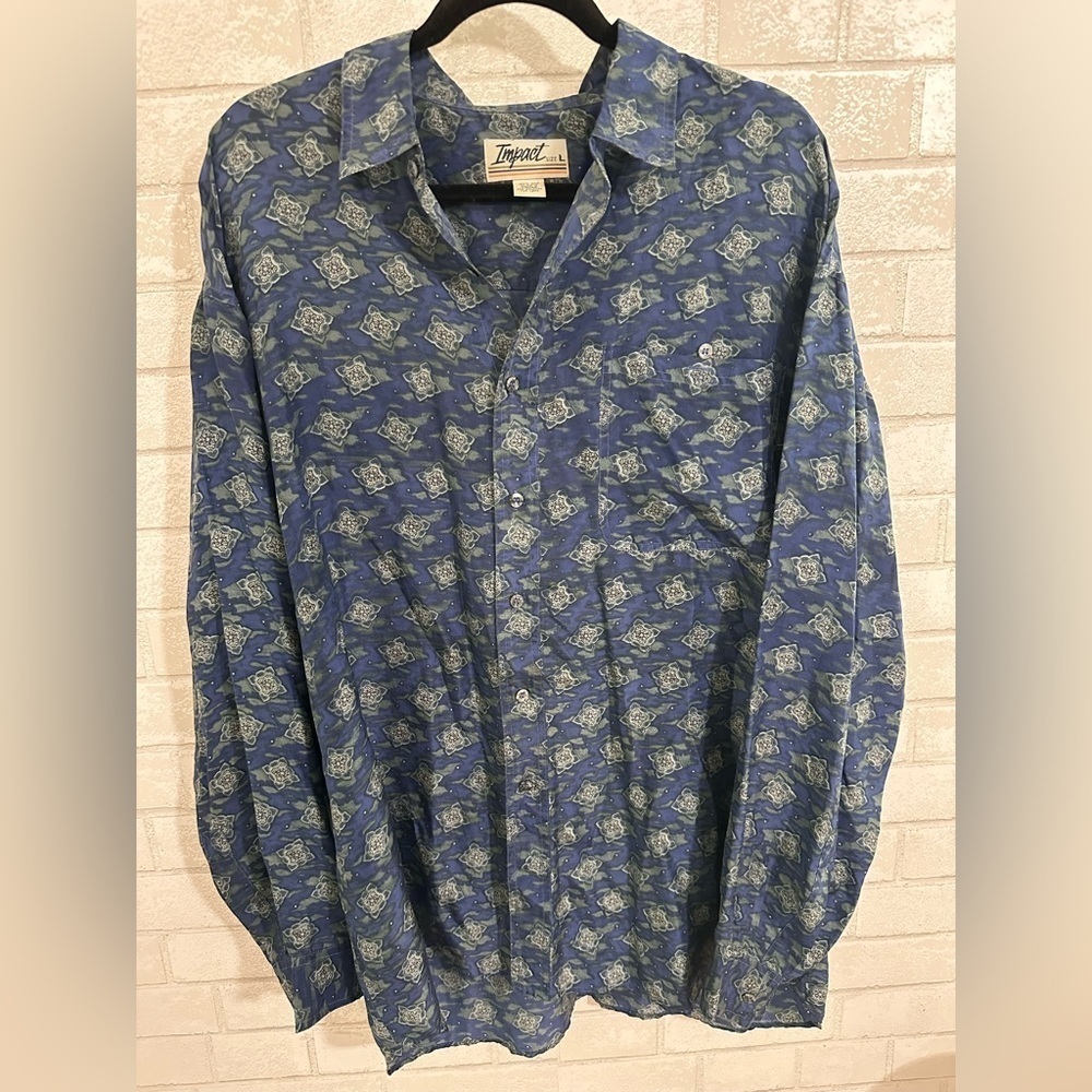 Impact Vintage 90's 100% Silk Button Down Shirt. Geometric Pattern L #1952